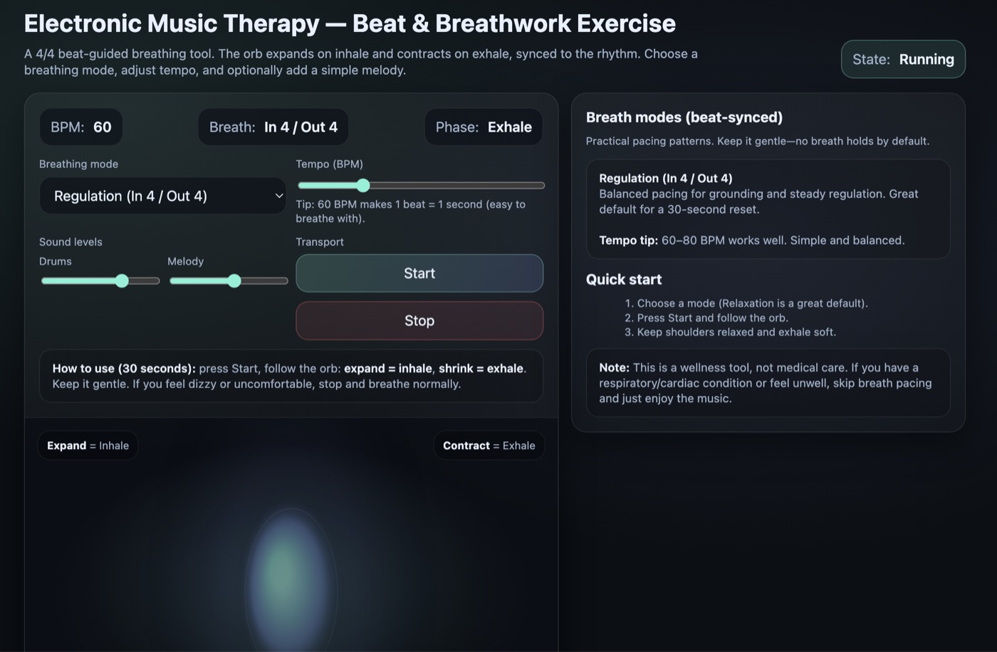 Screen of the Beat & Breathwork tool